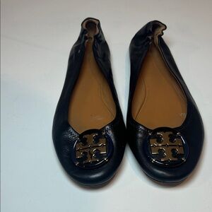 Tory Burch Black Leather Flats with Logo Accent